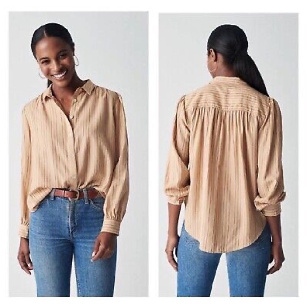 Faherty Byrd Sitka Stripe Tan/Gold Woven‎ Organic Cotton Blouse Sz S